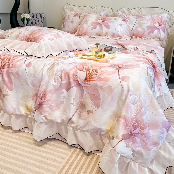 91家纺网 家纺一手货源 找家纺 凤杰家纺 2025新款玉锦缎夏被四件套 小乔春秋粉