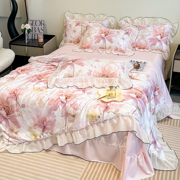 91家纺网 家纺一手货源 找家纺 凤杰家纺 2025新款玉锦缎夏被四件套 小乔春秋粉