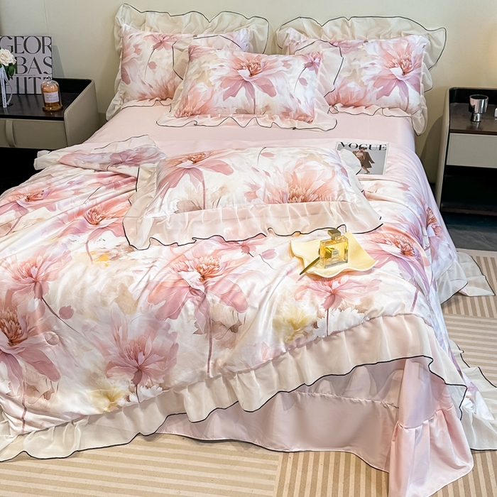 91家纺网 家纺一手货源 找家纺 凤杰家纺 2025新款玉锦缎夏被四件套 小乔春秋粉