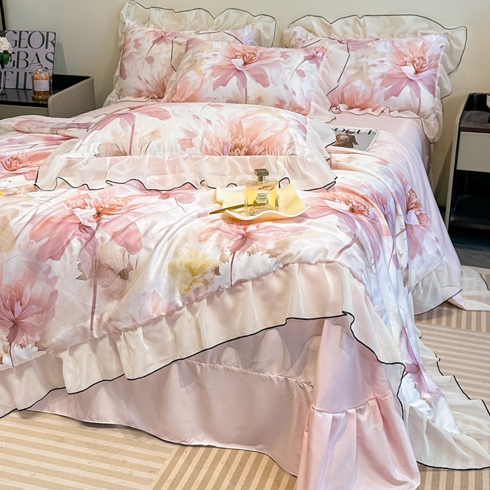 91家纺网 家纺一手货源 找家纺 凤杰家纺 2025新款玉锦缎夏被四件套 小乔春秋粉