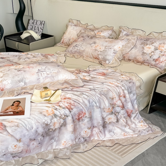 91家纺网 家纺一手货源 找家纺 凤杰家纺 2025新款玉锦缎夏被四件套 梦丽雅香槟金