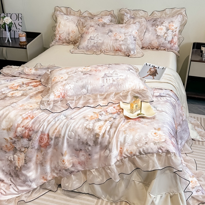 91家纺网 家纺一手货源 找家纺 凤杰家纺 2025新款玉锦缎夏被四件套 梦丽雅香槟金