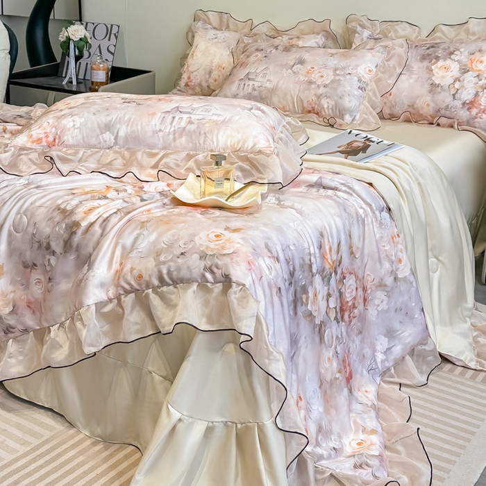 91家纺网 家纺一手货源 找家纺 凤杰家纺 2025新款玉锦缎夏被四件套 梦丽雅香槟金