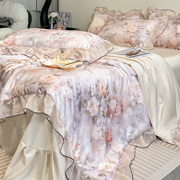 91家纺网 家纺一手货源 找家纺 凤杰家纺 2025新款玉锦缎夏被四件套 梦丽雅香槟金