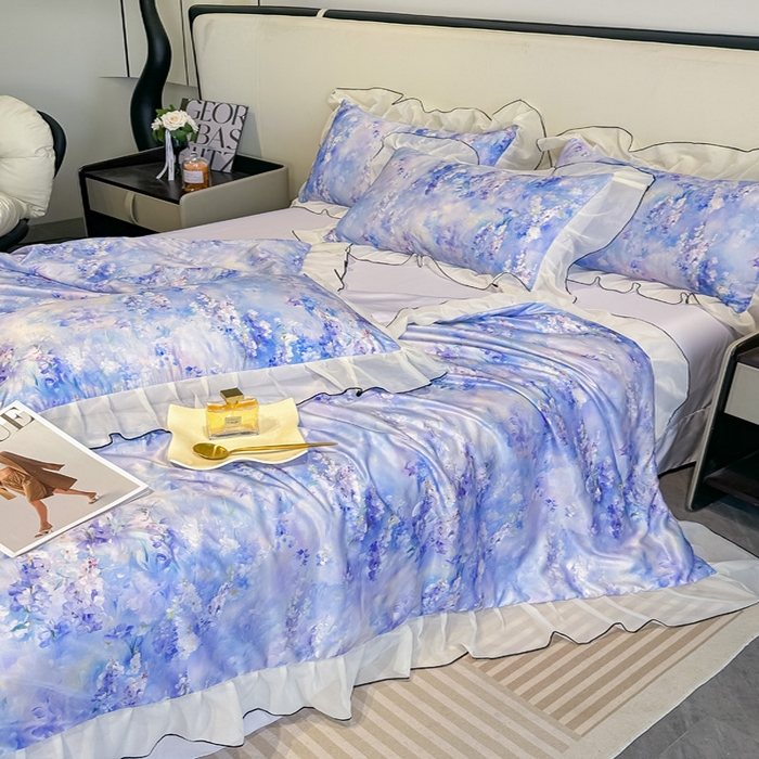 91家纺网 家纺一手货源 找家纺 凤杰家纺 2025新款玉锦缎夏被四件套 芳香蓝