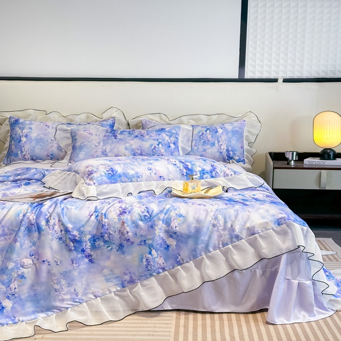 91家纺网 家纺一手货源 找家纺 凤杰家纺 2025新款玉锦缎夏被四件套 芳香蓝