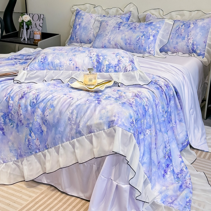 91家纺网 家纺一手货源 找家纺 凤杰家纺 2025新款玉锦缎夏被四件套 芳香蓝