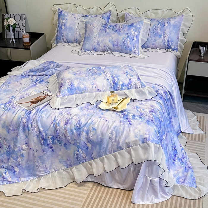 91家纺网 家纺一手货源 找家纺 凤杰家纺 2025新款玉锦缎夏被四件套 芳香蓝