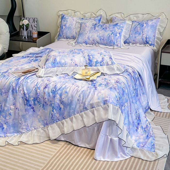 91家纺网 家纺一手货源 找家纺 凤杰家纺 2025新款玉锦缎夏被四件套 芳香蓝
