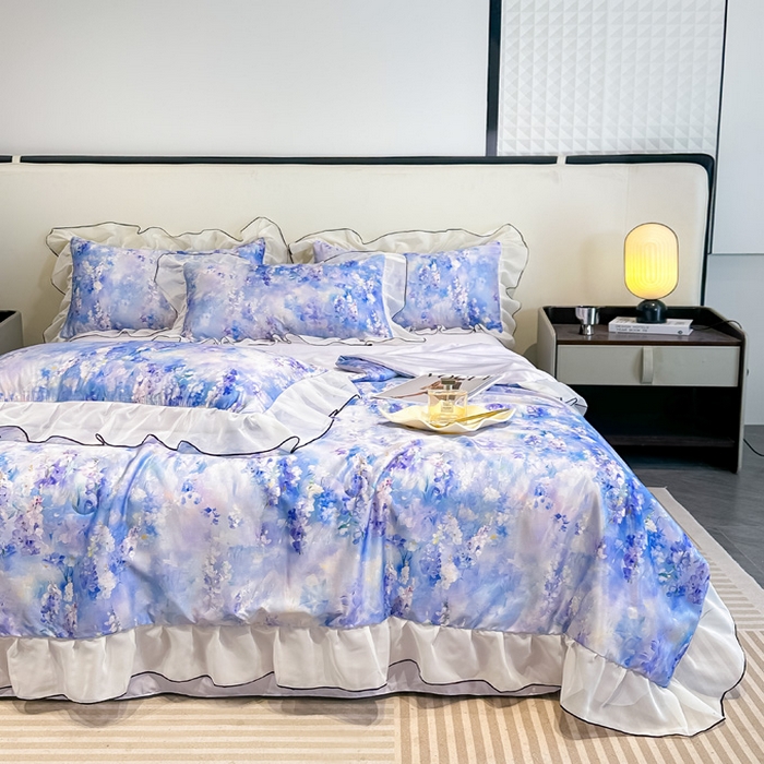 91家纺网 家纺一手货源 找家纺 凤杰家纺 2025新款玉锦缎夏被四件套 芳香蓝