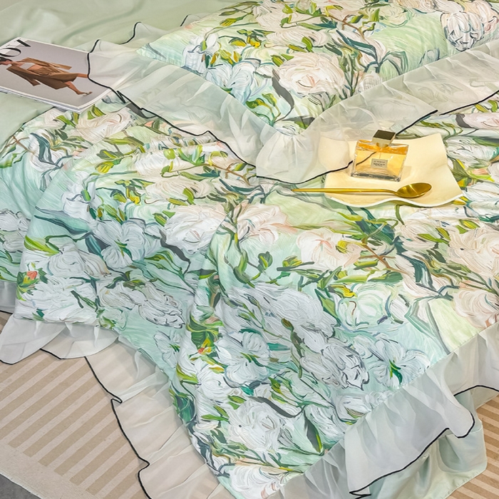 91家纺网 家纺一手货源 找家纺 凤杰家纺 2025新款玉锦缎夏被四件套 茉莉绿