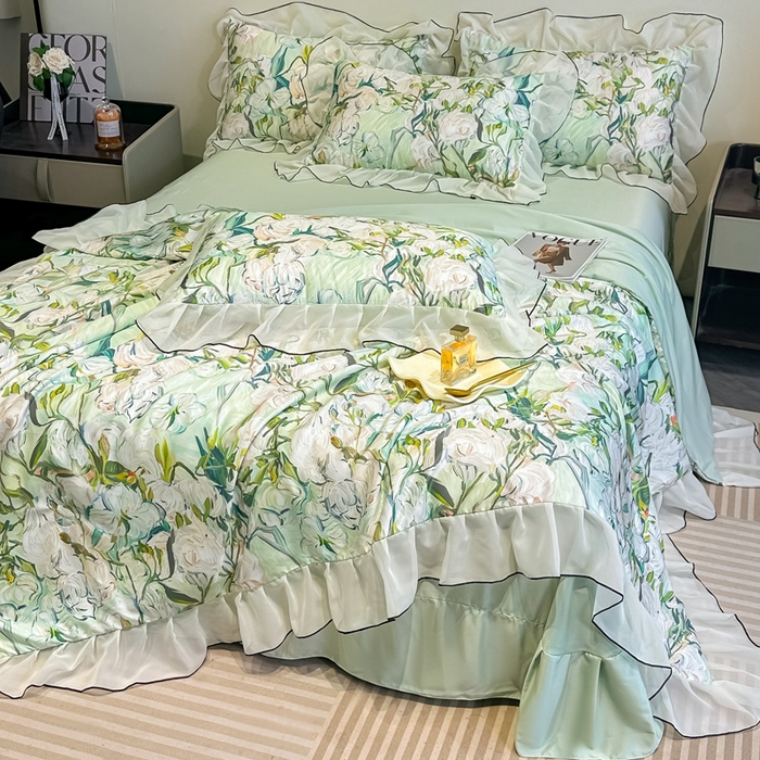 91家纺网 家纺一手货源 找家纺 凤杰家纺 2025新款玉锦缎夏被四件套 茉莉绿