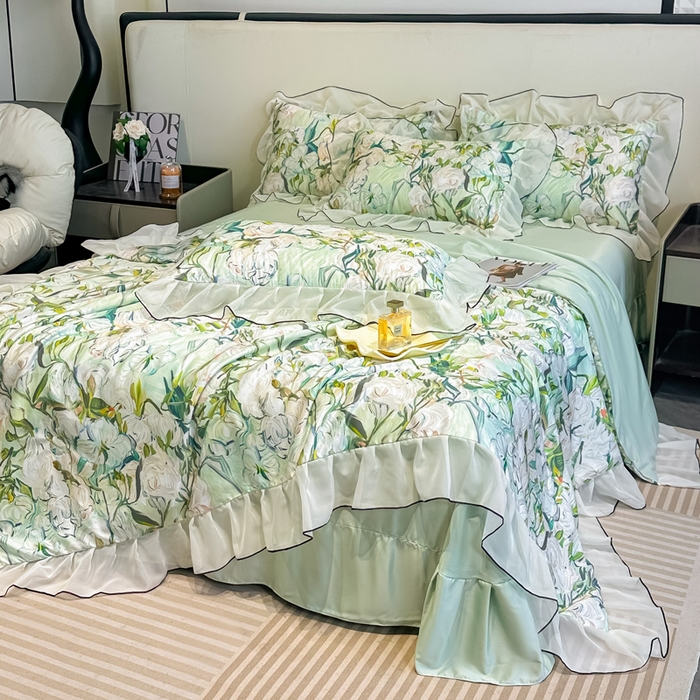 91家纺网 家纺一手货源 找家纺 凤杰家纺 2025新款玉锦缎夏被四件套 茉莉绿