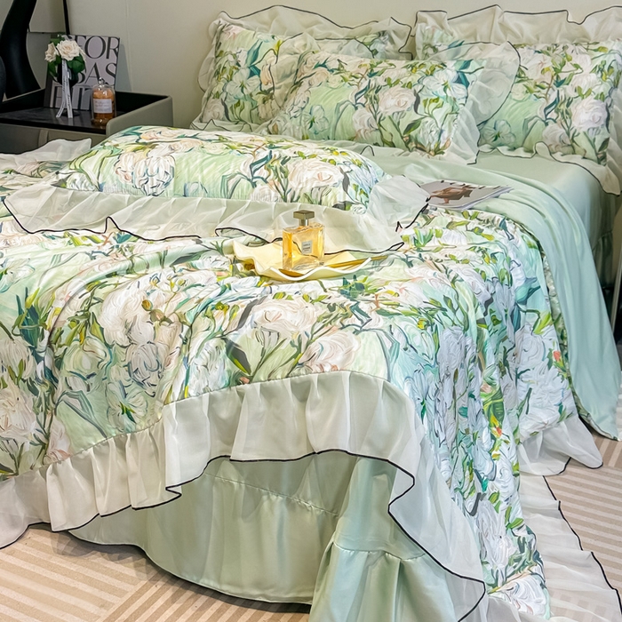 91家纺网 家纺一手货源 找家纺 凤杰家纺 2025新款玉锦缎夏被四件套 茉莉绿