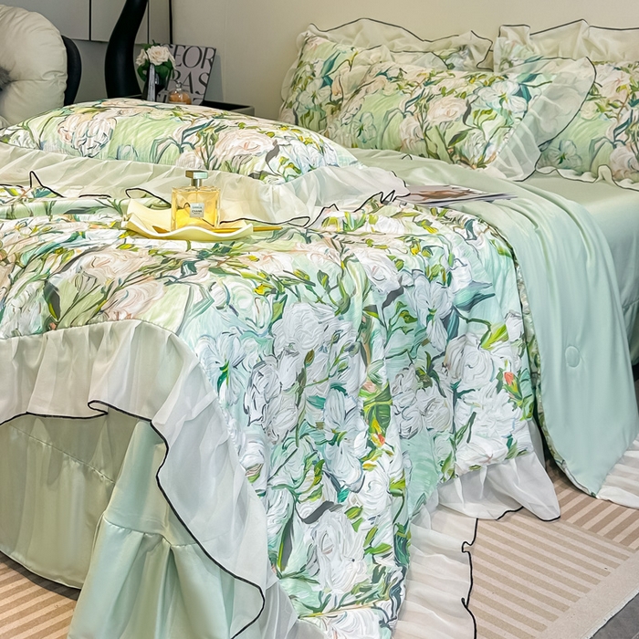 91家纺网 家纺一手货源 找家纺 凤杰家纺 2025新款玉锦缎夏被四件套 茉莉绿