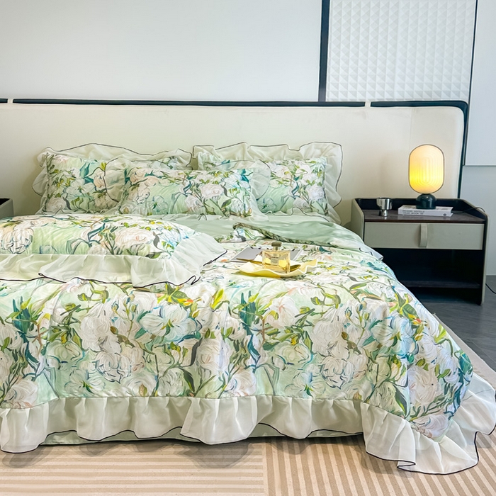 91家纺网 家纺一手货源 找家纺 凤杰家纺 2025新款玉锦缎夏被四件套 茉莉绿