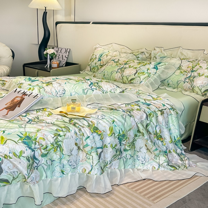 91家纺网 家纺一手货源 找家纺 凤杰家纺 2025新款玉锦缎夏被四件套 茉莉绿