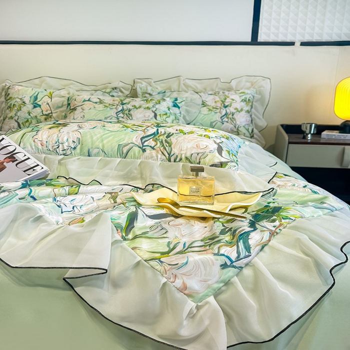 91家纺网 家纺一手货源 找家纺 凤杰家纺 2025新款玉锦缎夏被四件套 茉莉绿