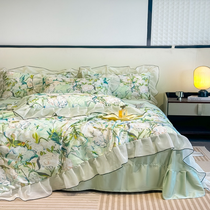 91家纺网 家纺一手货源 找家纺 凤杰家纺 2025新款玉锦缎夏被四件套 茉莉绿
