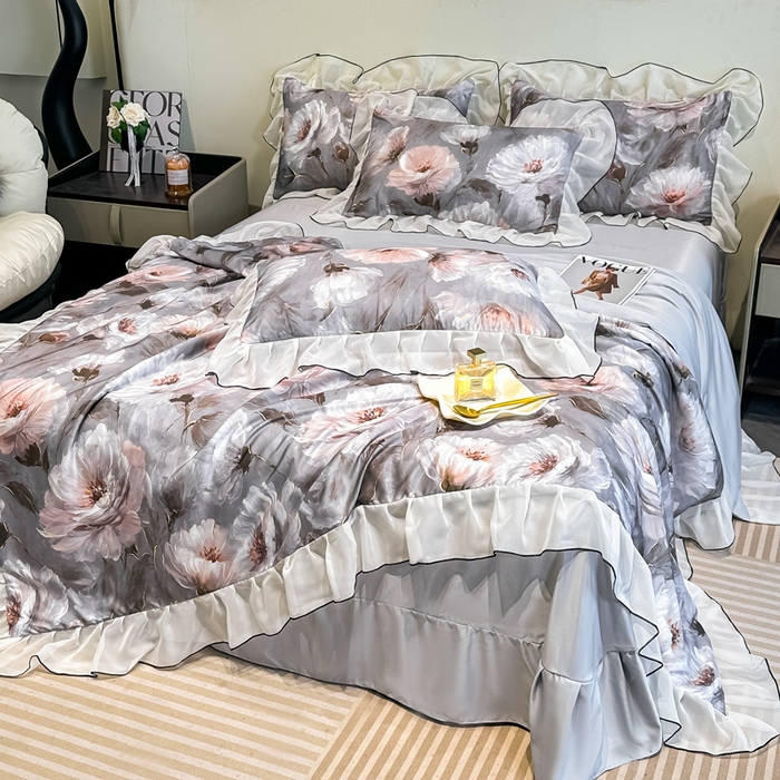 91家纺网 家纺一手货源 找家纺 凤杰家纺 2025新款玉锦缎夏被四件套 索莱亚灰