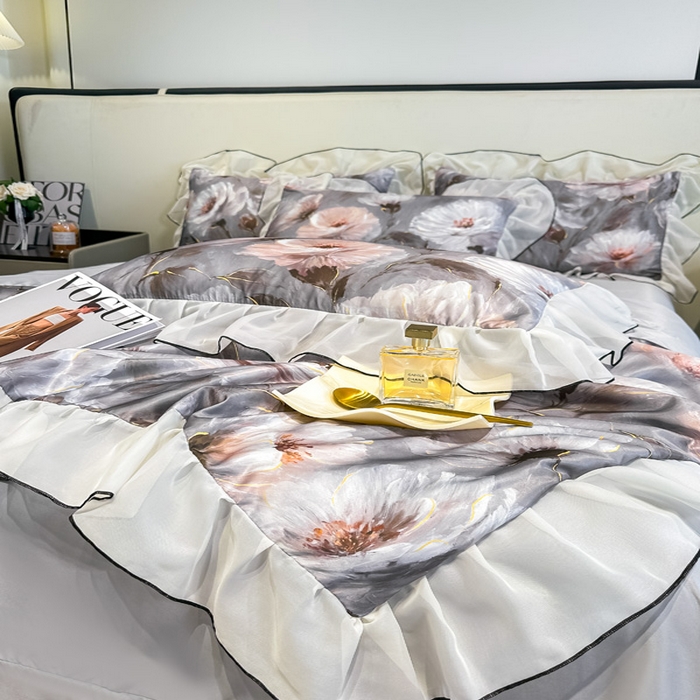 91家纺网 家纺一手货源 找家纺 凤杰家纺 2025新款玉锦缎夏被四件套 索莱亚灰