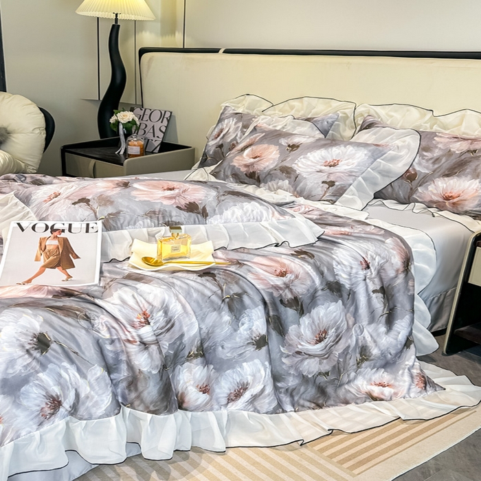 91家纺网 家纺一手货源 找家纺 凤杰家纺 2025新款玉锦缎夏被四件套 索莱亚灰