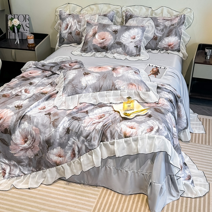 91家纺网 家纺一手货源 找家纺 凤杰家纺 2025新款玉锦缎夏被四件套 索莱亚灰