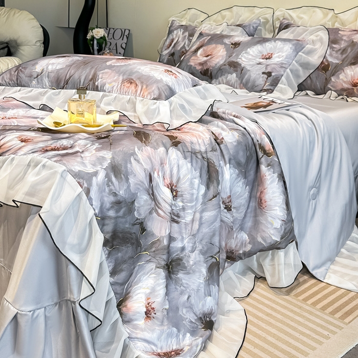 91家纺网 家纺一手货源 找家纺 凤杰家纺 2025新款玉锦缎夏被四件套 索莱亚灰