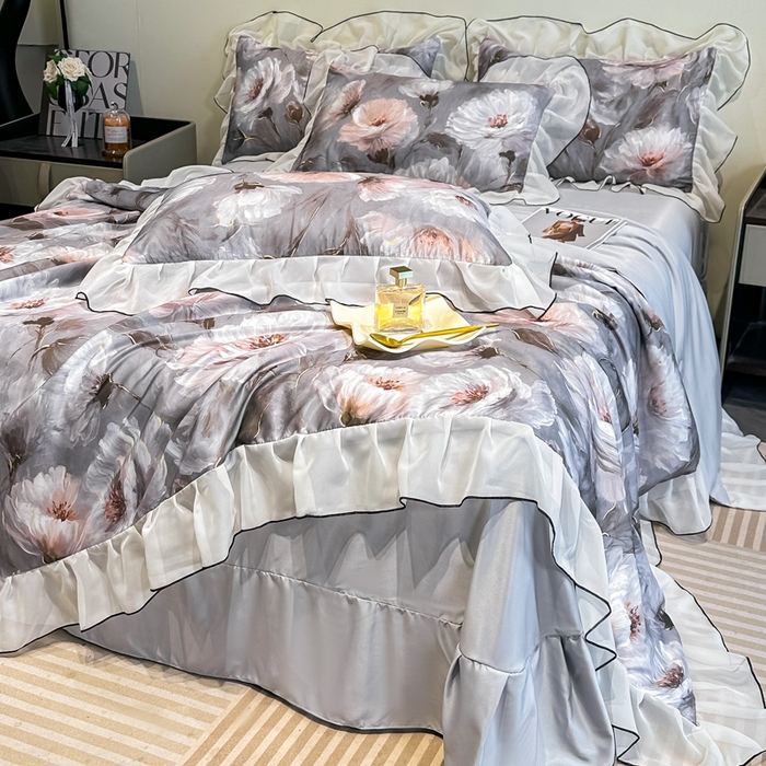 91家纺网 家纺一手货源 找家纺 凤杰家纺 2025新款玉锦缎夏被四件套 索莱亚灰