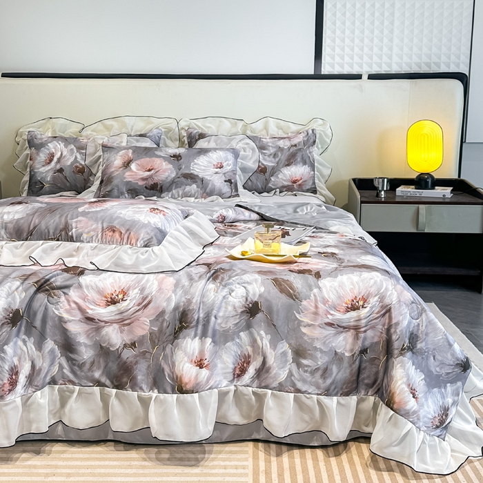 91家纺网 家纺一手货源 找家纺 凤杰家纺 2025新款玉锦缎夏被四件套 索莱亚灰