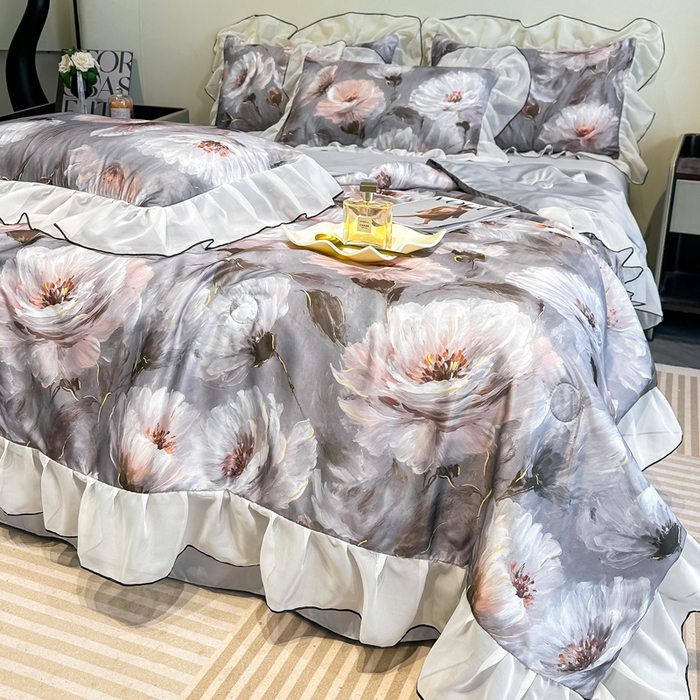 91家纺网 家纺一手货源 找家纺 凤杰家纺 2025新款玉锦缎夏被四件套 索莱亚灰