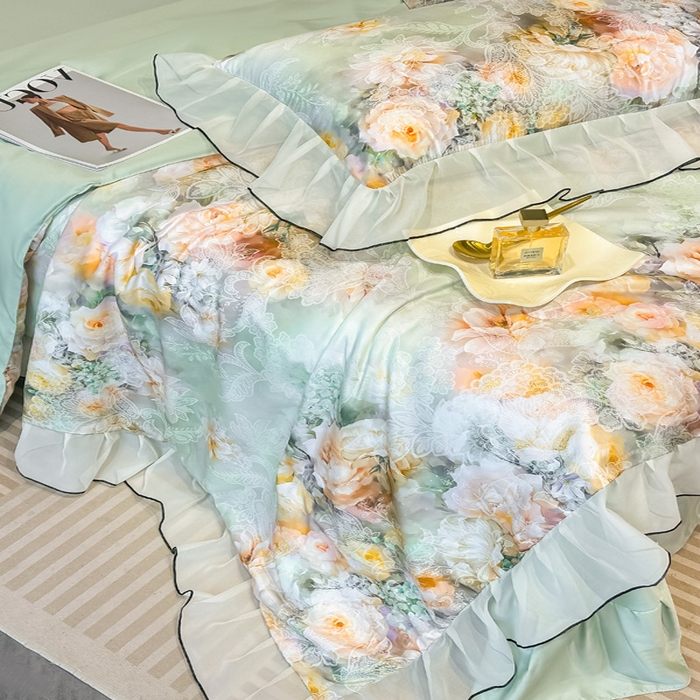 91家纺网 家纺一手货源 找家纺 凤杰家纺 2025新款玉锦缎夏被四件套 花旦绿