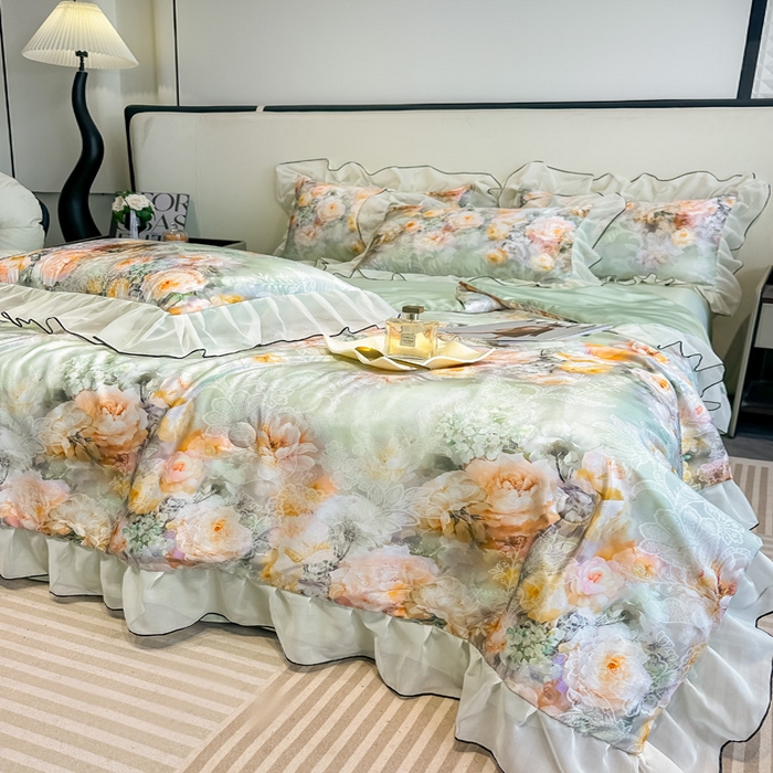 91家纺网 家纺一手货源 找家纺 凤杰家纺 2025新款玉锦缎夏被四件套 花旦绿