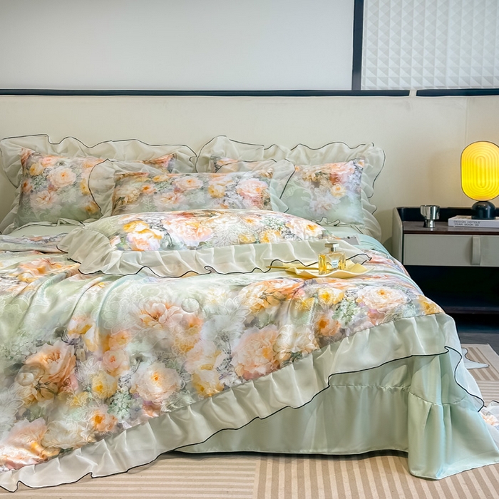 91家纺网 家纺一手货源 找家纺 凤杰家纺 2025新款玉锦缎夏被四件套 花旦绿