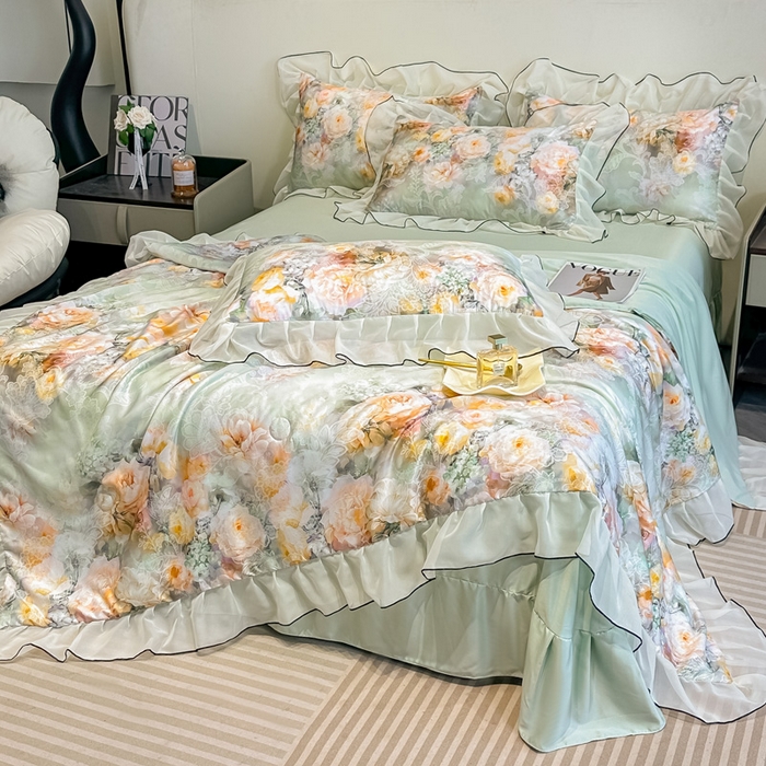 91家纺网 家纺一手货源 找家纺 凤杰家纺 2025新款玉锦缎夏被四件套 花旦绿