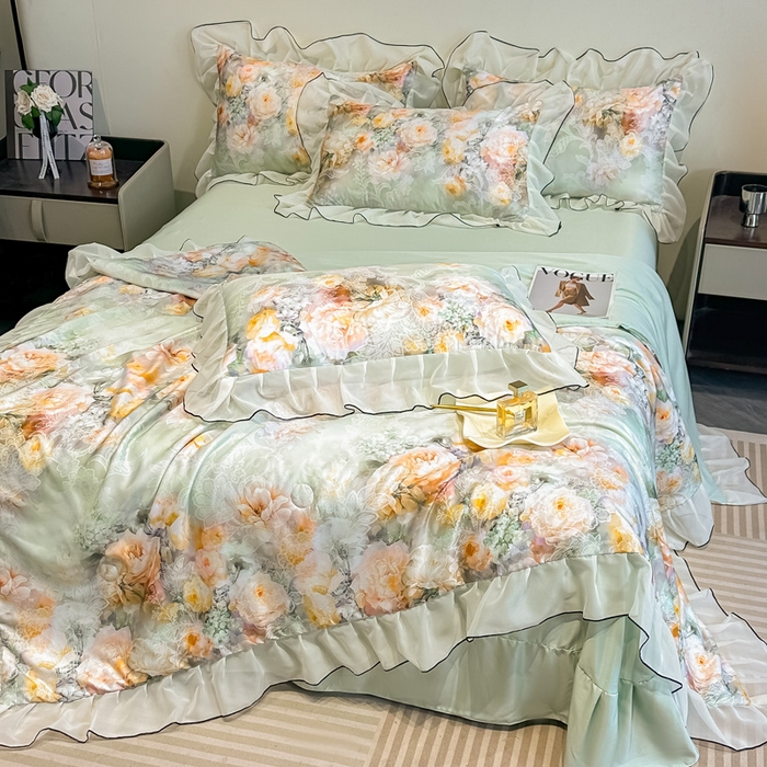 91家纺网 家纺一手货源 找家纺 凤杰家纺 2025新款玉锦缎夏被四件套 花旦绿