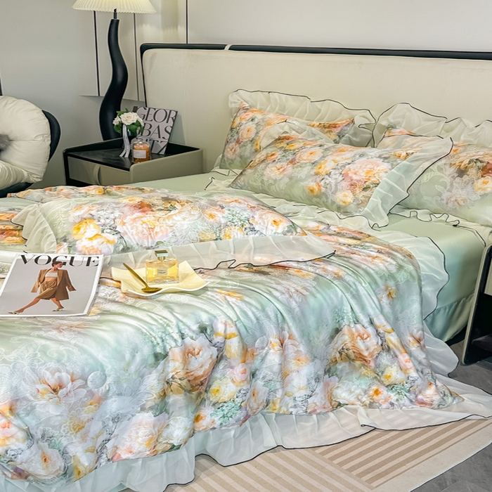 91家纺网 家纺一手货源 找家纺 凤杰家纺 2025新款玉锦缎夏被四件套 花旦绿