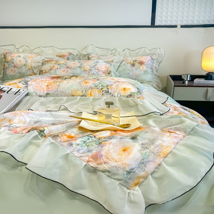 91家纺网 家纺一手货源 找家纺 凤杰家纺 2025新款玉锦缎夏被四件套 花旦绿