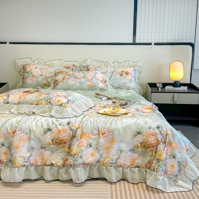 91家纺网 家纺一手货源 找家纺 凤杰家纺 2025新款玉锦缎夏被四件套 花旦绿