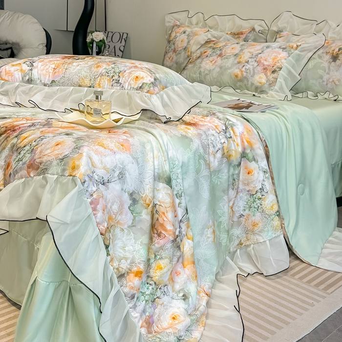 91家纺网 家纺一手货源 找家纺 凤杰家纺 2025新款玉锦缎夏被四件套 花旦绿