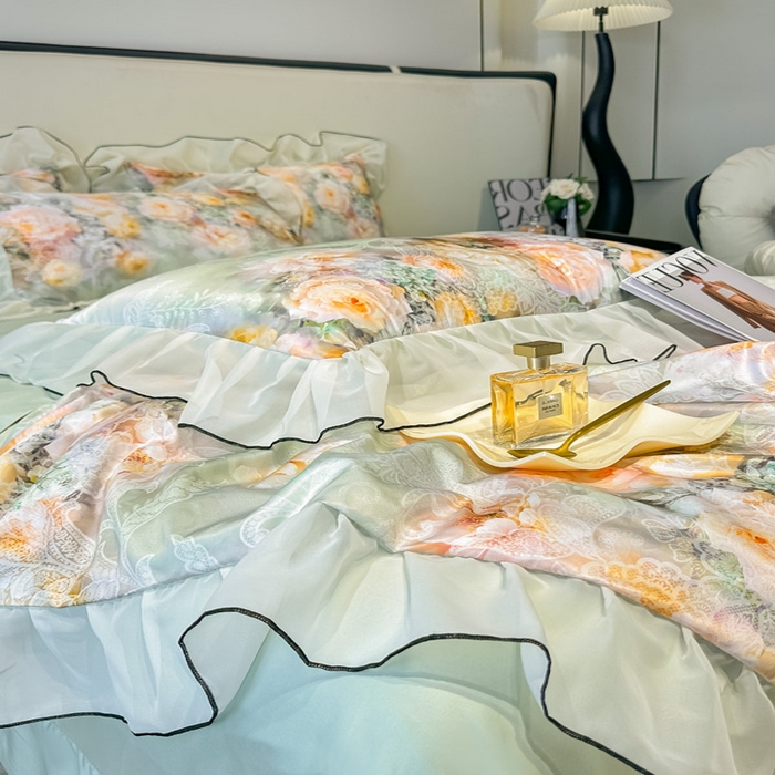 91家纺网 家纺一手货源 找家纺 凤杰家纺 2025新款玉锦缎夏被四件套 花旦绿