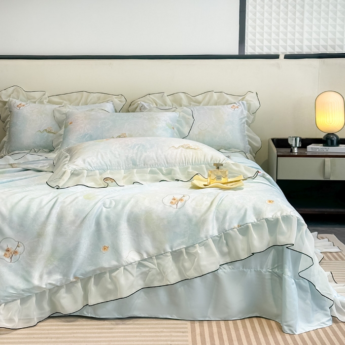 91家纺网 家纺一手货源 找家纺 凤杰家纺 2025新款玉锦缎夏被四件套 梅花蓝
