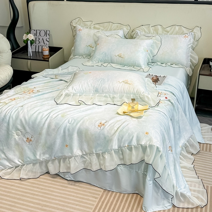 91家纺网 家纺一手货源 找家纺 凤杰家纺 2025新款玉锦缎夏被四件套 梅花蓝