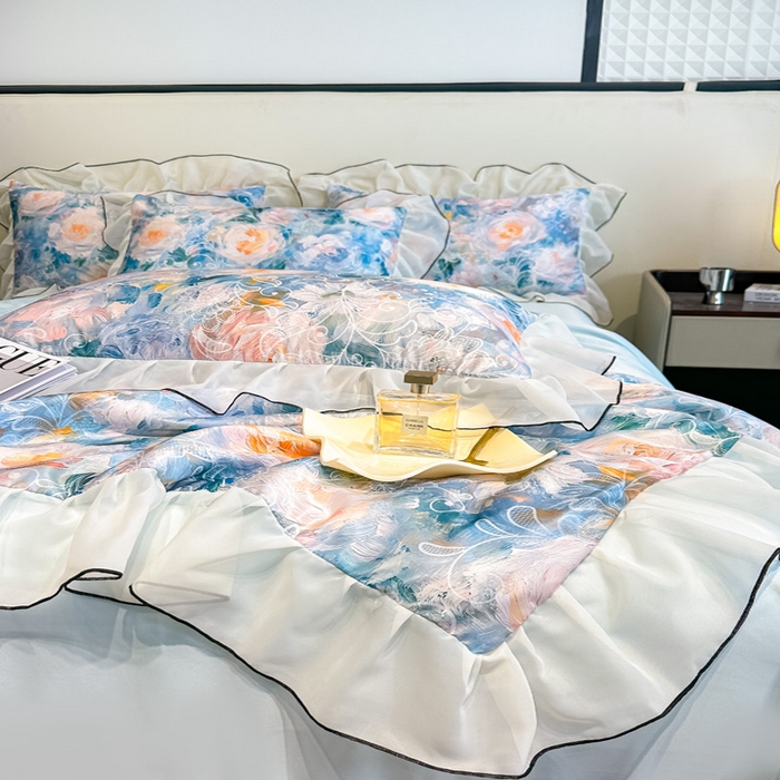 91家纺网 家纺一手货源 找家纺 凤杰家纺 2025新款玉锦缎夏被四件套 向阳花开蓝