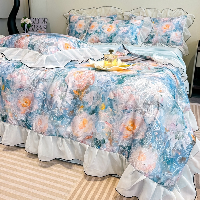 91家纺网 家纺一手货源 找家纺 凤杰家纺 2025新款玉锦缎夏被四件套 向阳花开蓝