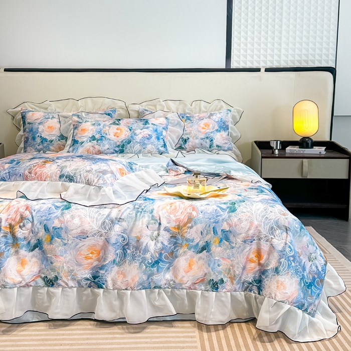 91家纺网 家纺一手货源 找家纺 凤杰家纺 2025新款玉锦缎夏被四件套 向阳花开蓝