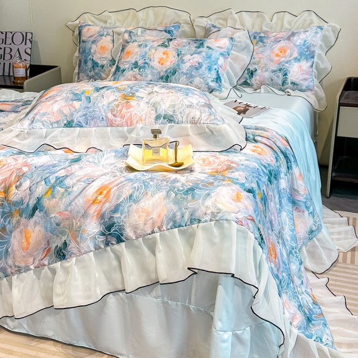 91家纺网 家纺一手货源 找家纺 凤杰家纺 2025新款玉锦缎夏被四件套 向阳花开蓝