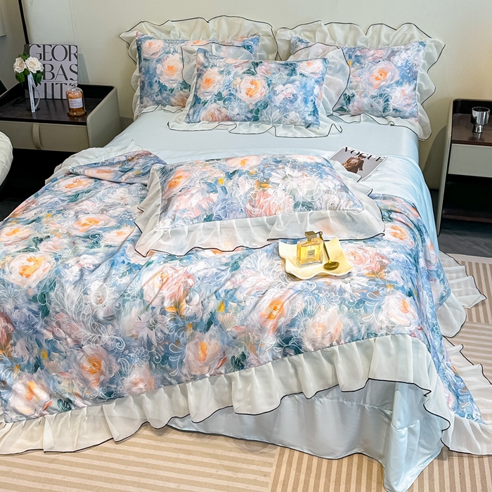 91家纺网 家纺一手货源 找家纺 凤杰家纺 2025新款玉锦缎夏被四件套 向阳花开蓝