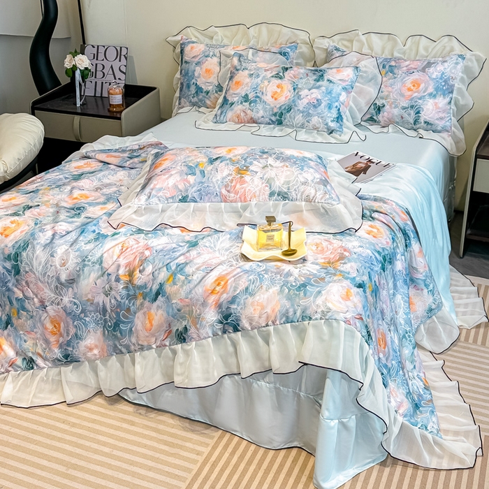 91家纺网 家纺一手货源 找家纺 凤杰家纺 2025新款玉锦缎夏被四件套 向阳花开蓝