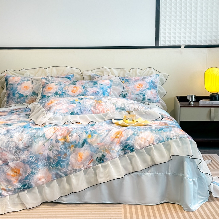 91家纺网 家纺一手货源 找家纺 凤杰家纺 2025新款玉锦缎夏被四件套 向阳花开蓝